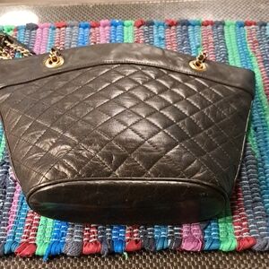 VINTAGE Leather  Koret Black Quilted Shoulder Bag with Gold Accents